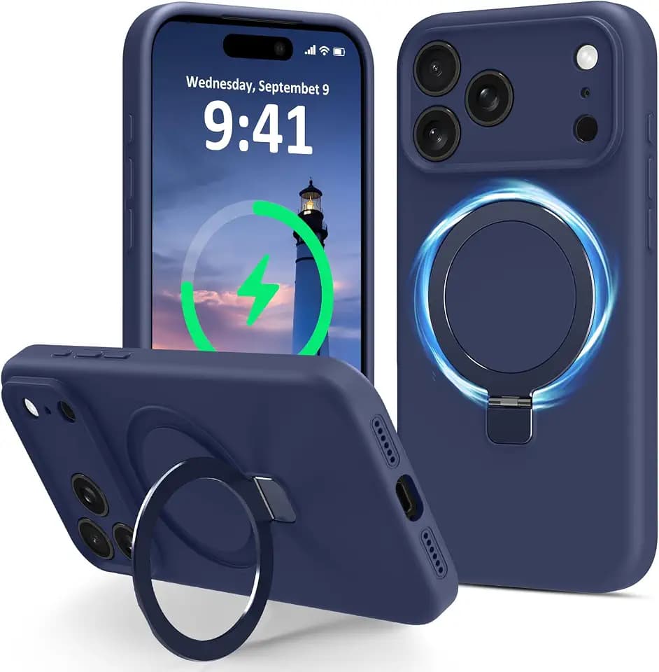 for iPhone 17 Pro Max Case Liquid Silicone with Stand, Dark Blue