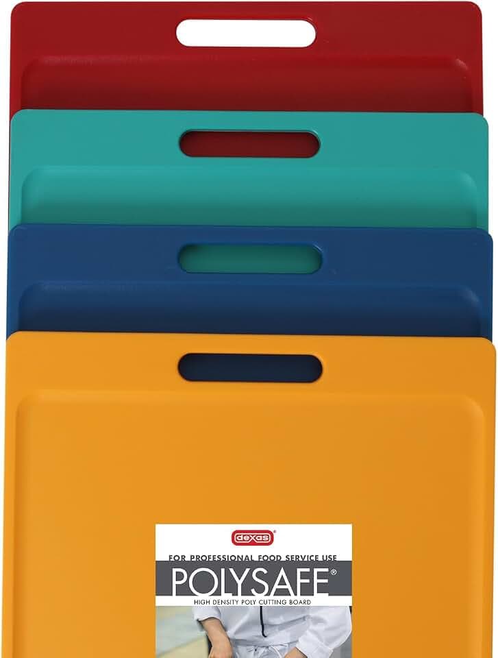 Dexas 4-Pack NSF Certified Polysafe Cutting Boards with Handle, 11 x 14.5 Inches, Reversible Kitchen Cutting Board, Assorted Colors