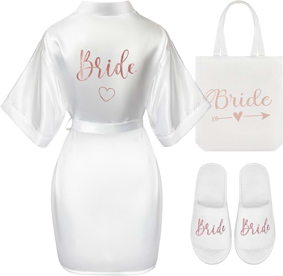 Hestya 3er Set Roségold Braut Präsent Brautparty Geschenke Weißer Satin Bride Morgenmantel Bride Tasche Hausschuhe Braut Geschenk Set für Hochzeit Antrag Spa JGA(XL)