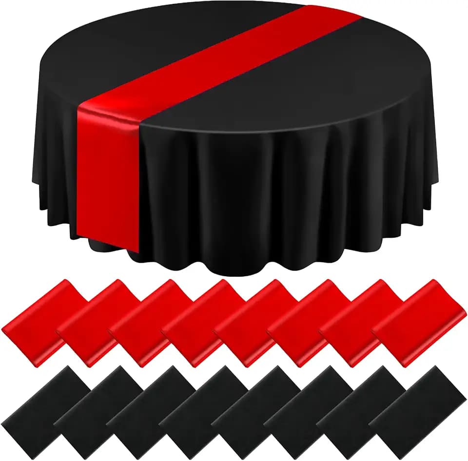 Tudomro 16 Pcs Black and Red Round Tablecloth and Satin Runner Set