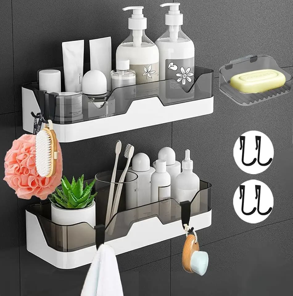 2 Stück Badezimmer Regal, Ohne Bohren Badezimmerregale, Duschregal Plastik Duschkörbe an der Wand montiert für Küchen und Badezimmer(mit 1-Seifenschalen und 4-Haken)