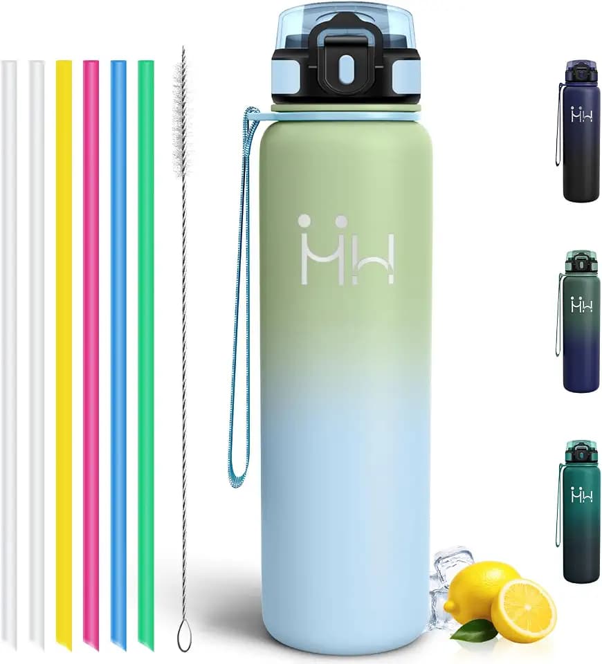 Motswedi Trinkflasche Edelstahl 1l, mit Strohhalm, Thermosflasche, Kalt & Warm, Auslaufsicher, Isolierflasche, Thermo Trinkflaschen, für Büro, Camping, Gym, Outdoor, Hellgrün & Hellblau