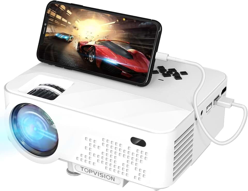 TOPVISION Mini Beamer mit Screen Mirroring, 7000 Lumen Heimkino, Full HD 1080P Video Beamer mit 240" Display, 90000 Stunden LCD, kompatibel mit HDMI/USB/AV/VGA