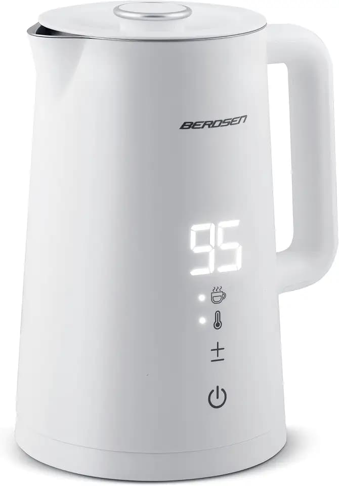 Berdsen Wasserkocher Edelstahl 1,7 L Fassungsvermögen Temperaturwahl Temperatureinstellung Warmhaltefunktion Touchpanel 2200 Watt Doppelwand Pirouettenbasis Wasser Kocher Leise Weiß