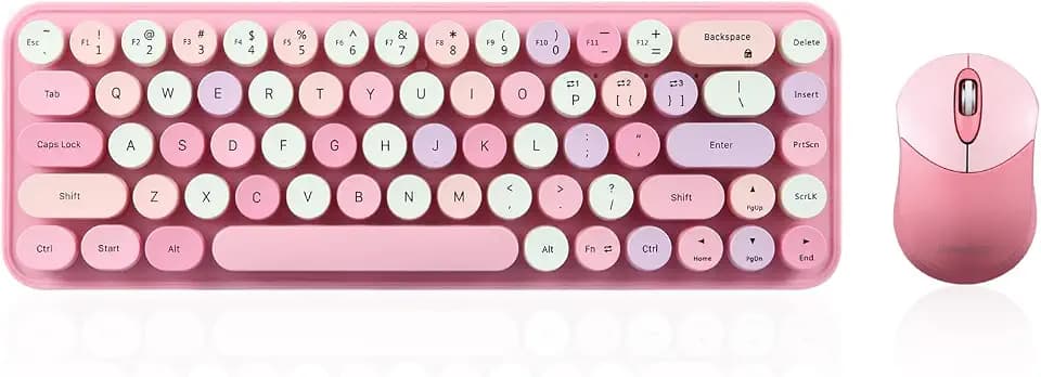 Perixx PERIDUO-802PK Bluetooth Mini Keyboard and Mouse Combo - Retro Round Key Caps - Pastel Pink - US English