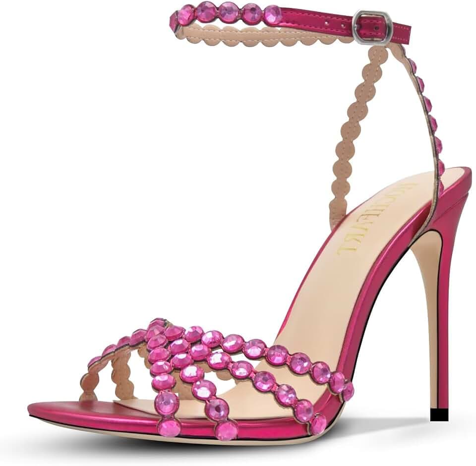 HOCHFART Women's Rhinestone Stiletto High Heels Buckle Strappy Heeled Sandals Round Toe Sexy Dressy Pumps Shoes