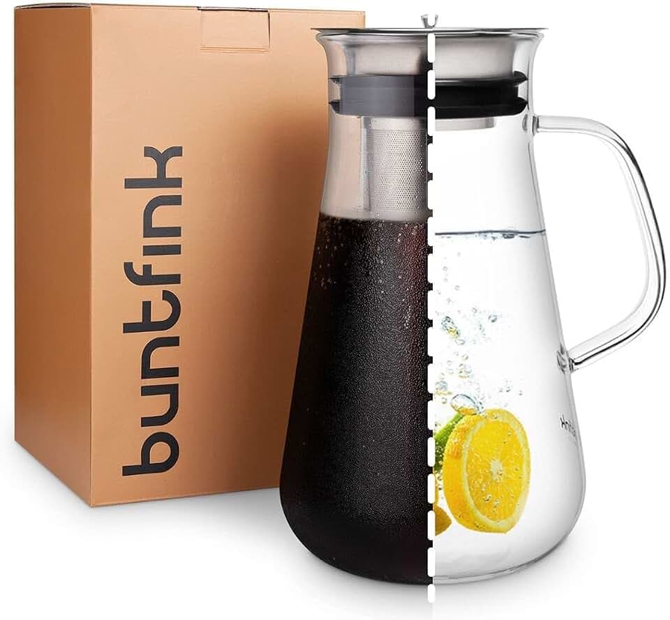 Buntfink MultiPitcher 3-in-1 Kaffeebereiter für Cold Brew Coffee | Glaskaraffe 1,5 L | Wasserkaraffe mit Edelstahl Deckel | Kaffeezubereiter für kaltgebrühten Kaffee und Tee | plastikfrei