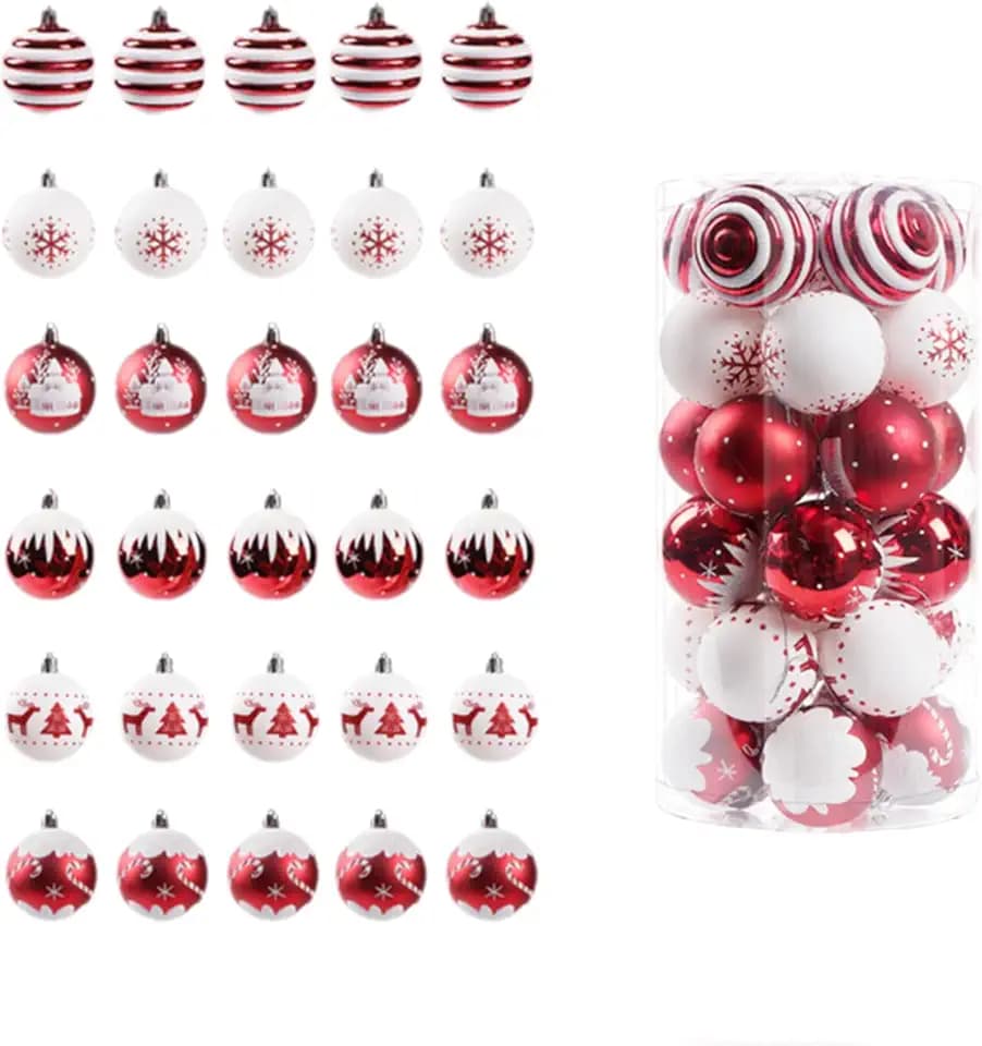 30 Stück Weihnachtskugeln Ornamente Weihnachtsbaumschmuck Kugeln Rot Grün Gold Blau Weihnachtskugeln Durchmesser der Kugeln 60 mm für Weihnachtsbaum Hochzeit Haus Party Dekorationen (Red and White)