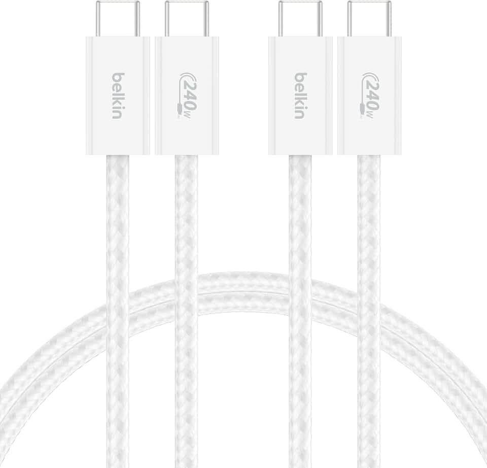 Belkin 2er-Pack geflochtenes USB-C auf USB-C Ladekabel, 1,5 m, 240W, biegsames, flexibles Schnellladekabel, USB-C kabel für iPhone 17 und 16, Galaxy S25, Pixel 10, iPad Pro usw. – Weiß