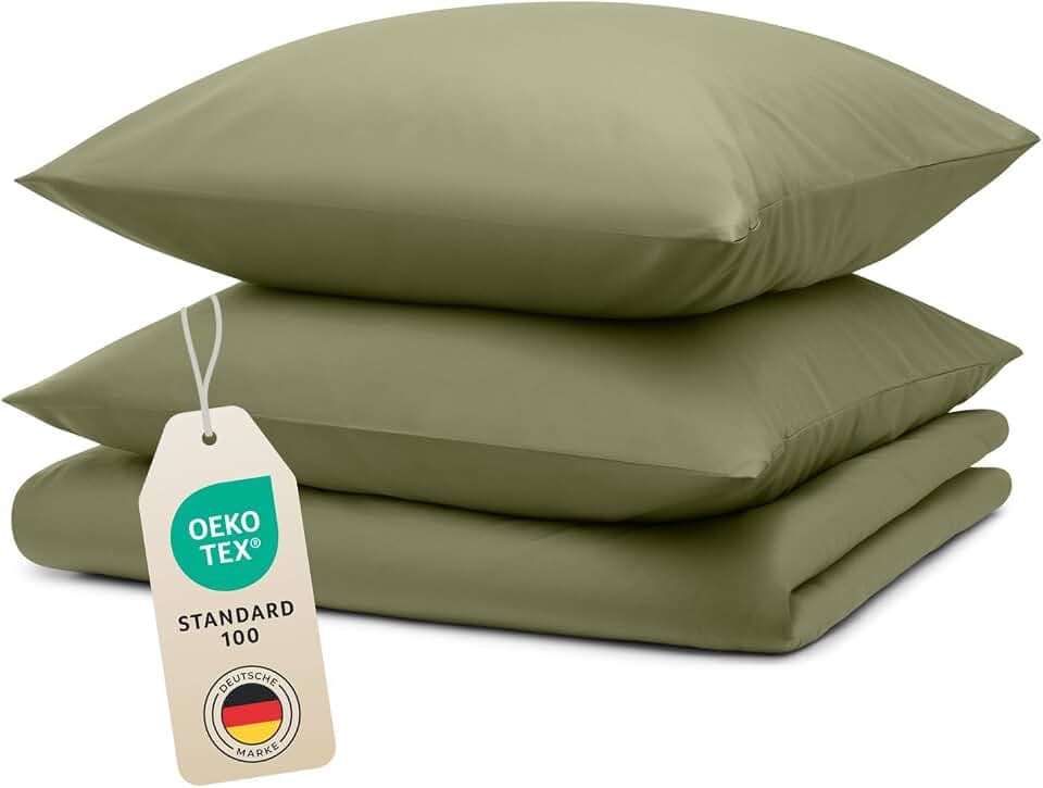 Blumtal Bettwäsche 200x200cm + 2X 40x80cm Kopfkissenbezug - Oeko-TEX zert. Mikrofaser Bettwäsche Set - Mikrofaser Bettbezug 95 °C - Deckenbezug + Kissenbezug 3-teilig - Duvet Cover Light Olive Grün