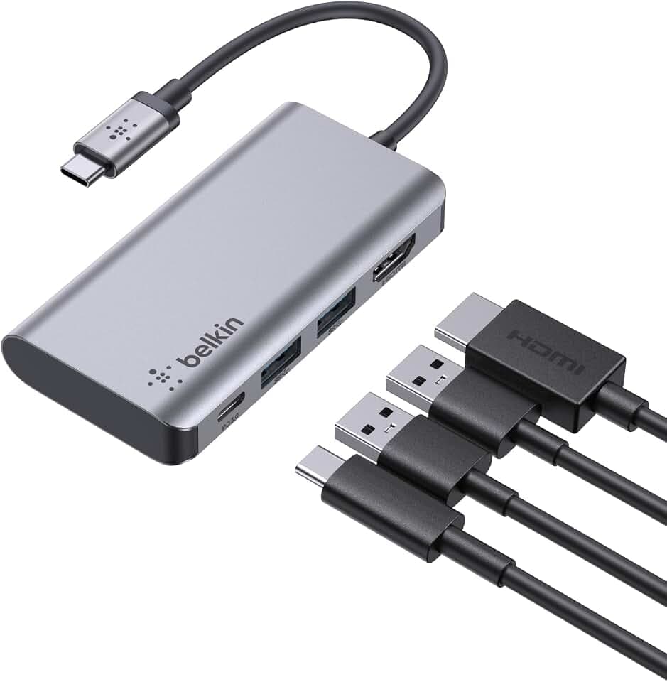 Belkin USB-C-4-in-1-MultiPort-Adapter (mit 4K-HDMI, USB-C, 100 W PD zum Laden per „Passthrough“, 2 USB A-Ports für Geräte wie Macbook Pro, MacBook Air, iPad Pro und XPS)