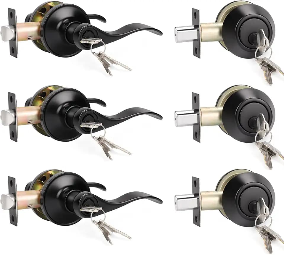 KNOBWELL 3 Pack Exterior Door Lock Set with Deadbolt Front Door Entry Lever Lockset with Single Cylinder Deadbolt, Aged Matte Black - Keyed Alike