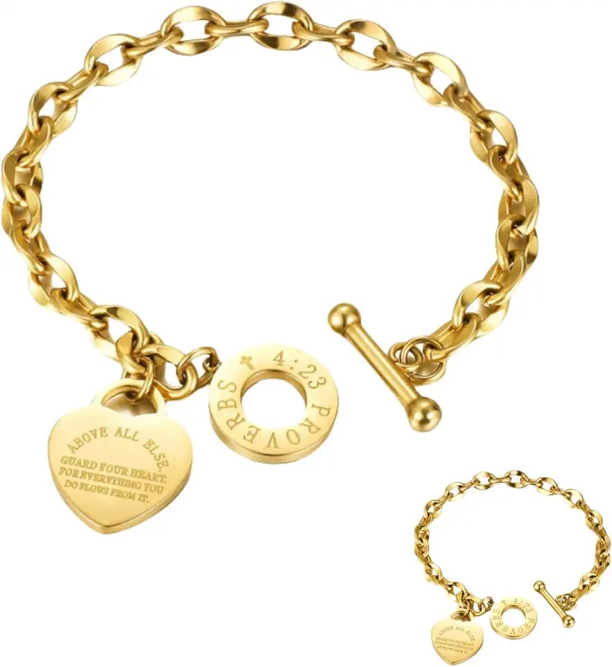 Heart Charm Bracelet Plated 18K Gold/Silver/Rose Gold Bible Scripture Heart Bracelet for Women Jewelry Gift Her Link Chain OT Clasp Stainless Steel