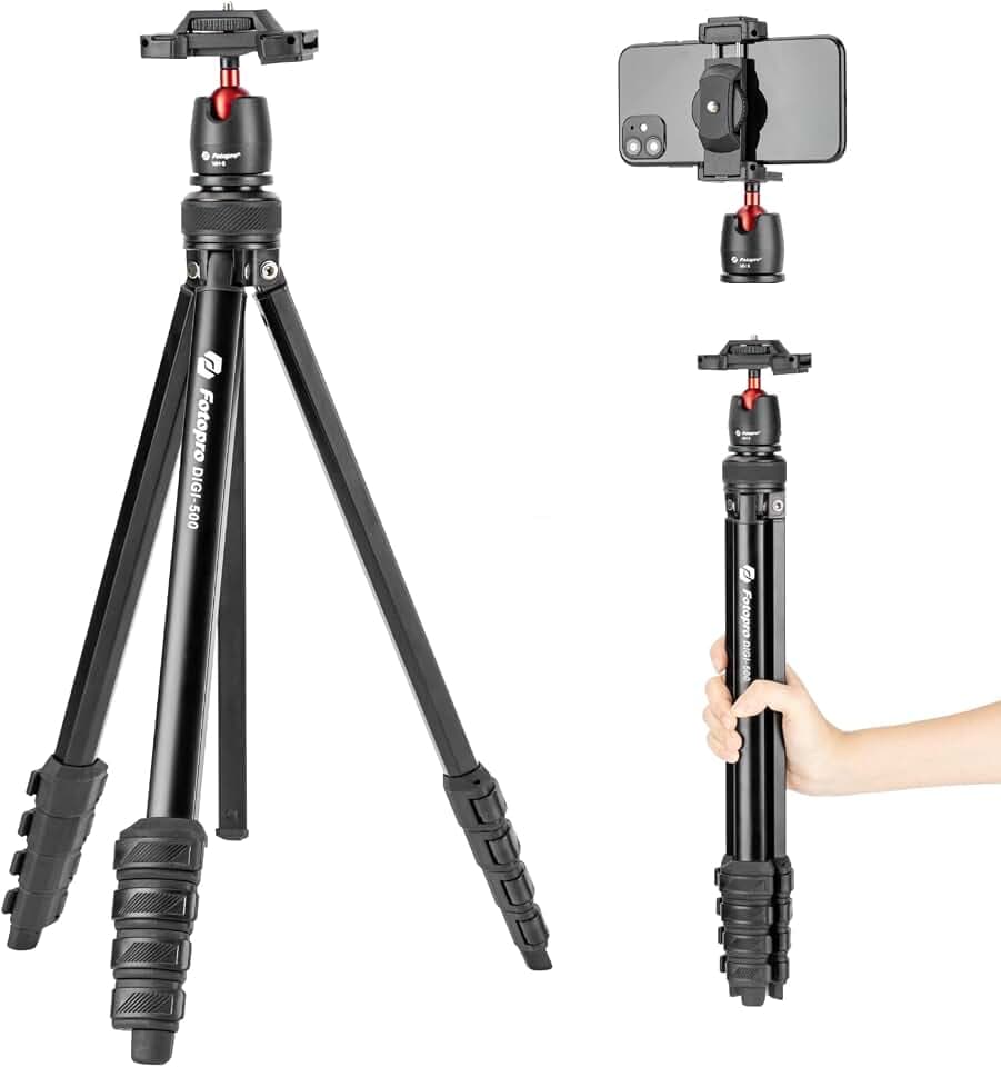 Fotopro 162 cm Kamerastativ, 2-in-1 kompaktes Handy-Stativ mit verstecktem Kaltschuh-Handyclip, tragbares Reisestativ mit flüssigem Videokopf, 0,7 kg, leichtes Aluminiumstativ, maximale Tragkraft 3kg