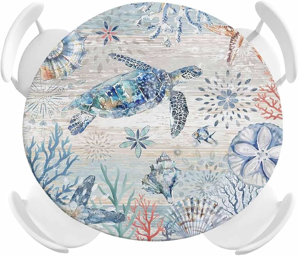 Ocean Sea Turtle Round Tablecloth Fitted Elastic Edged Starfish Coral Shell Conch Table Cover Coastal Blue Sea Turtle Coral Waterproof Table Cloth(Round Tight Fits Table up to 36"-44" Diameter)