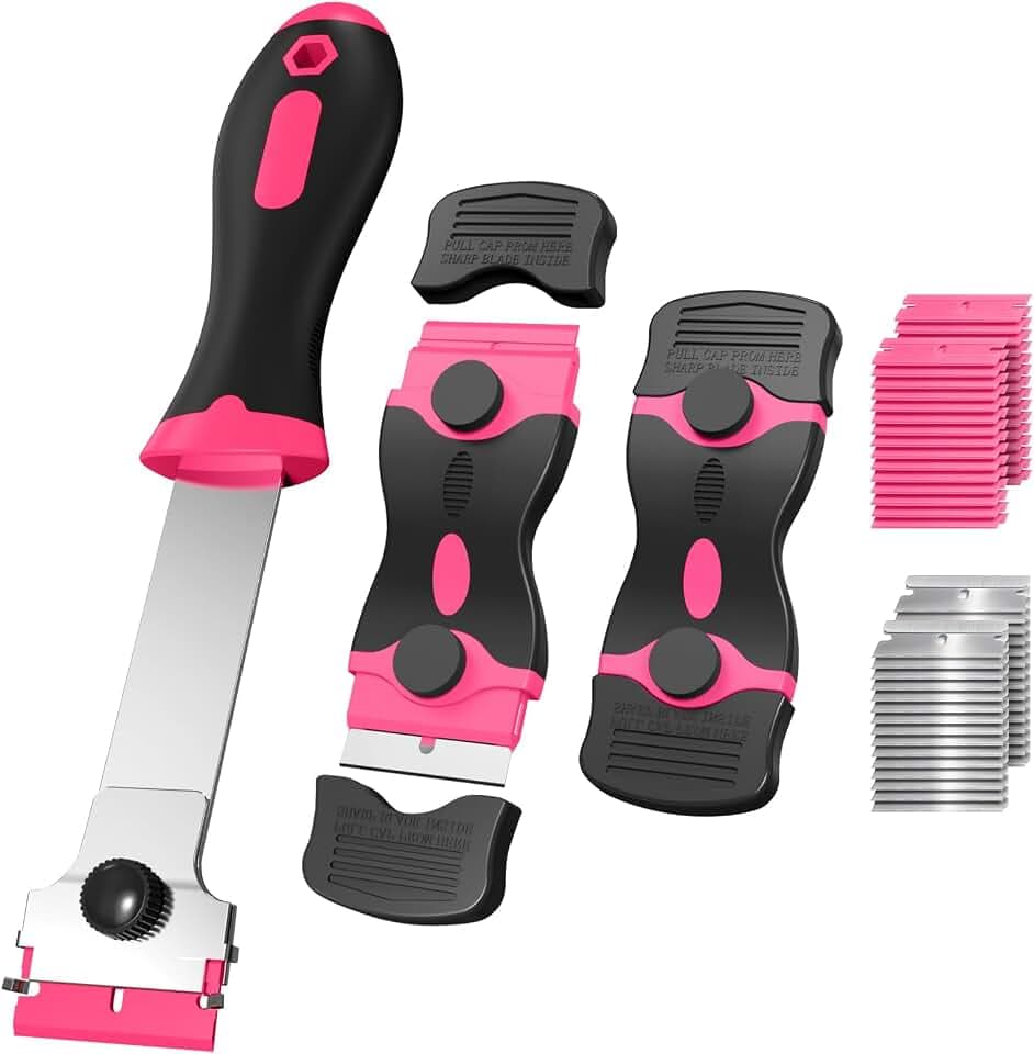 3 Pack Razor Blade Scraper Set, Includes 30 Plastic & 30 Metal Blades(Pink)