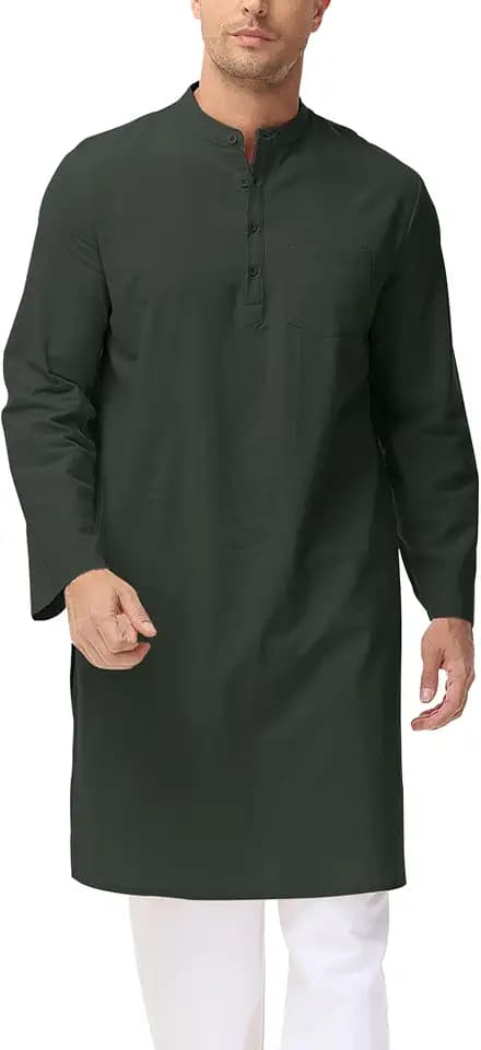 LVCBL Kaftan Herren Langarm Thobe für Männer Baumwolle Leinen Muslimischer Bademantel Thobe M-3XL