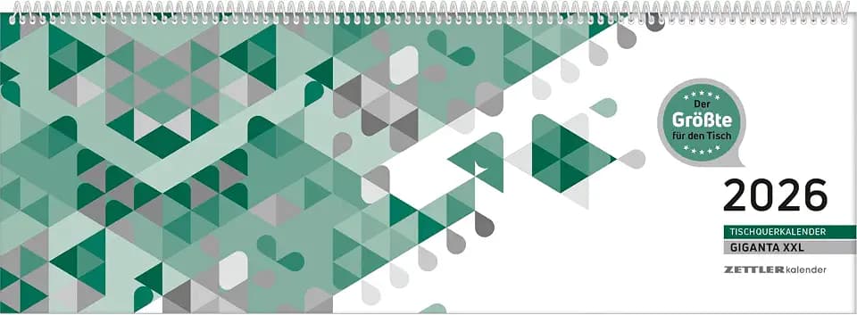 Zettler Tischquerkalender Giganta XXL 1W/2S Grün 2026 – Bürokalender 42x15 cm, Wochenkalender mit 1 Woche auf 2 Seiten, deutschem Kalendarium, Spiralbindung & Stundeneinteilung 7–22 Uhr