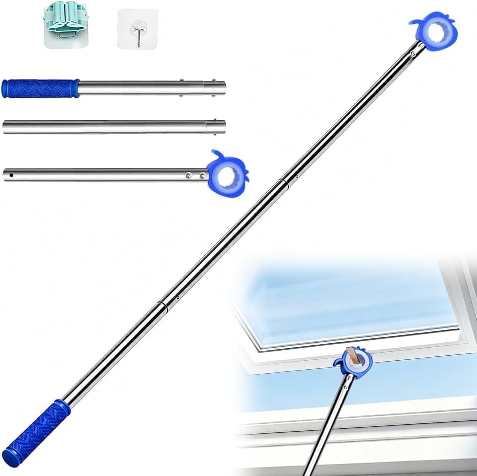 Teleskopstange Dachfenster Bedienstange, 117cm Teleskop Bedienungsstange Aus Edelstahl, Fenstergriff Verlängerung mit Stockhaken, Dachboden Haken für Dachfenster Rollos Und Window Blinds