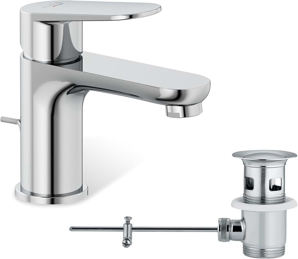 KLUDI-X1 Wasserhahn Bad mit Zugstangen-Ablauf, Auslaufhöhe 75 mm, wassersparende Waschtischarmatur Größe S, Keramikkartusche, Mischbatterie Waschbecken inkl. Anschlussschläuche in Chrom