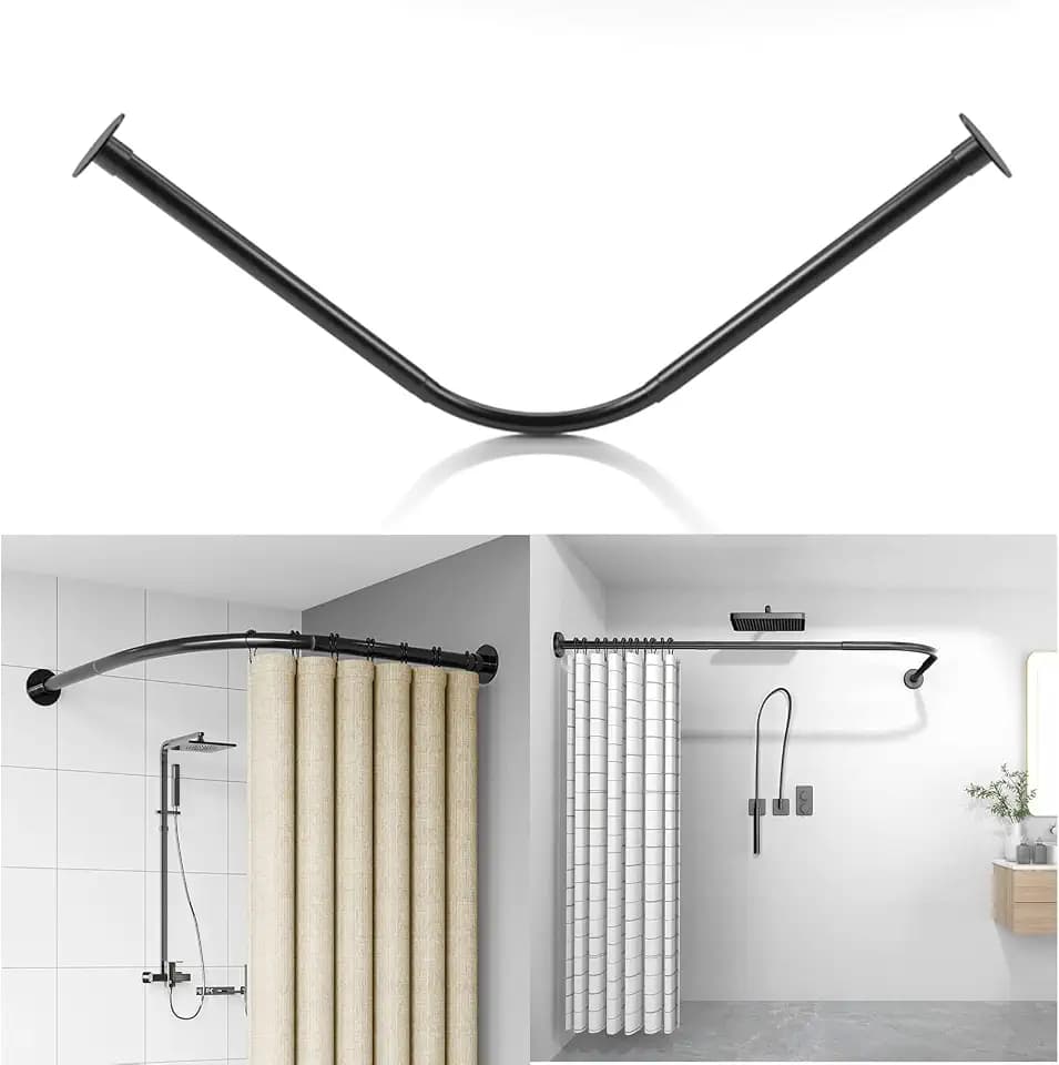 Duschstange Ohne Bohren Schwarz L-Form Duschvorhanghalterungen Gebogen L Form Badewanne Edelstahl Multifunktionale Stretch Gardinenstange70 to 95cm x 70 to 95cm