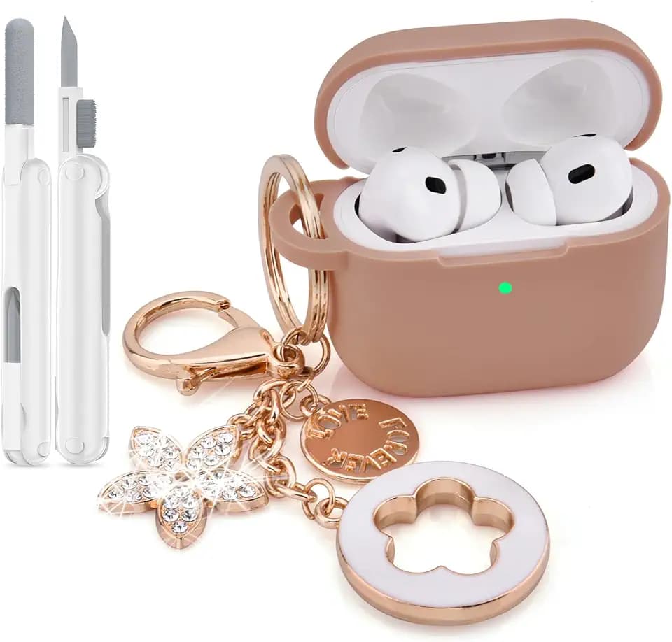 VISOOM for AirPods Pro 3 Case 2025, Silicone Case for Apple Air Pods Pro 3rd Generation Cover Women, Cute iPods 3 Protective Cover with Bling Keychain & Cleaning Kit, Khaki