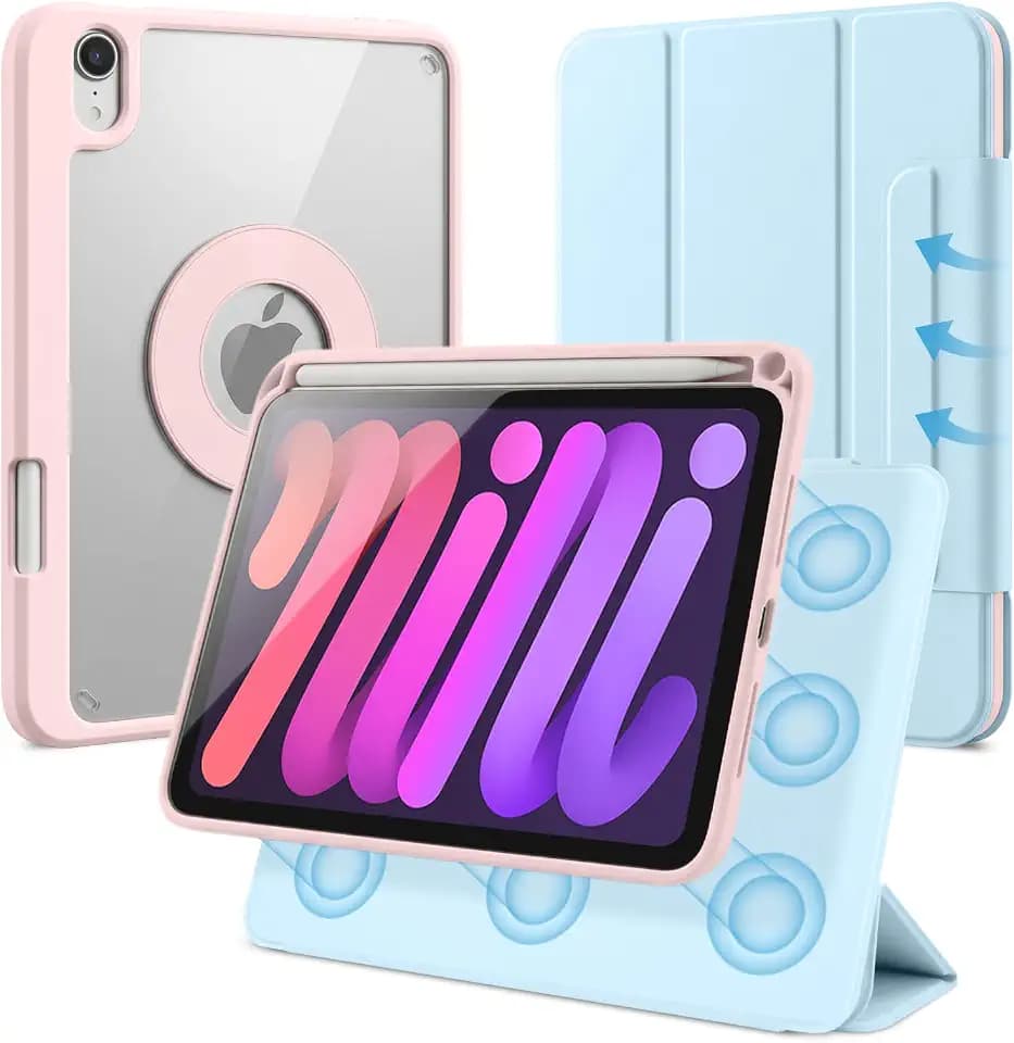 Case for iPad mini 7 A17 Pro, iPad mini 7th/6th Gen. 8.3" 2024/2021, Removable and Detachable Magnetic Cover with Pencil Holder, Vertical Adjustable Stand, Tri-Fold Multi-Angle, Ice Blue+Pink