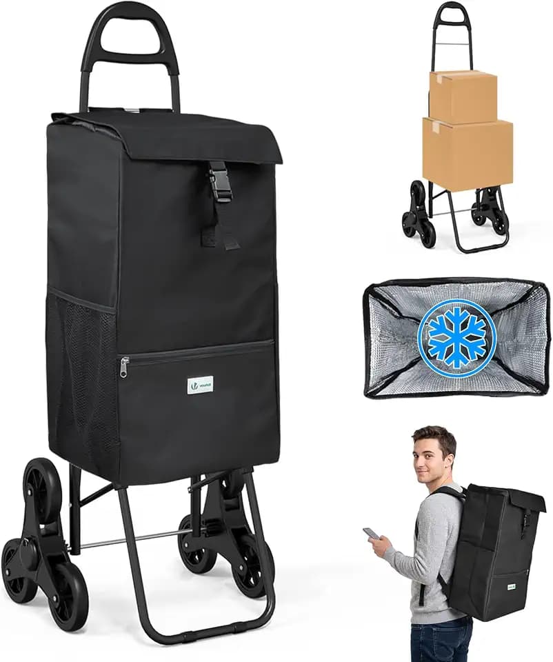 VOUNOT Einkaufstrolley Treppensteiger mit Kühlfach, Einkaufswagen Klappbar mit 3 Räder, 40 L, Schwarz