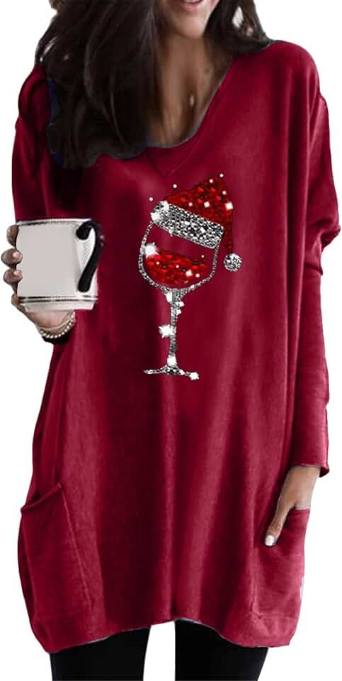 OMZIN Mujeres Feliz Navidad Sudadera Cuello Redondo Jersey Novedad Divertido Gráfico Manga Larga Camisetas Navidad Vacaciones Casual Blusa Con Bolsillos, borgoña, XXXL