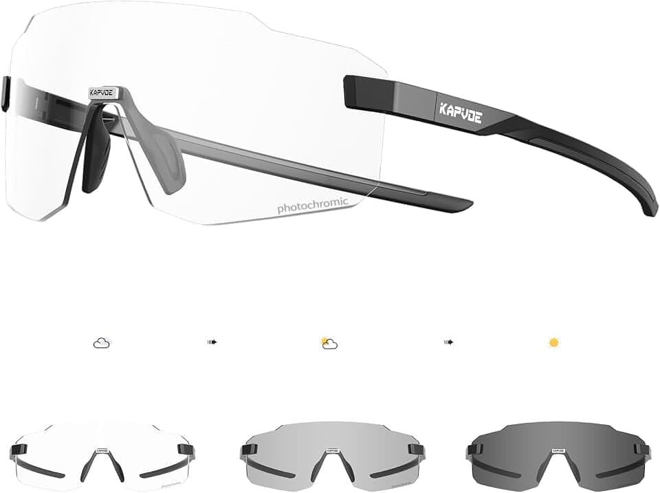 KAPVOE Photochromatische Selbsttönend Fahrradbrille für Herren Damen Klar Rennrad Brille MTB Sportbrille Radbrille UV400 Schutz Randlose Transprante Gläser für Outdoorsports