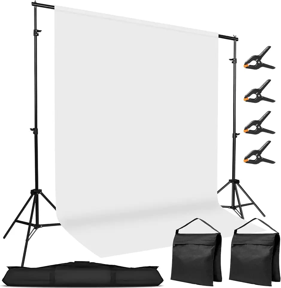10 x 7 FT Photography Backdrop Stand Kit with White Backdrop for Wide or Tall Setups, Adjustable Background Support System with Sandbags, Clamps & Carry Bag for Full-Body Portraits, Streaming & Events
