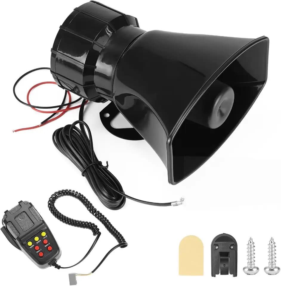 QWORK Alarm Horn Siren PA Speaker Mic System - 12V 100W Loud 7-Sound Vehicle Warning Speaker for Worksite Alert/Utility Vehicle/Tow Truck