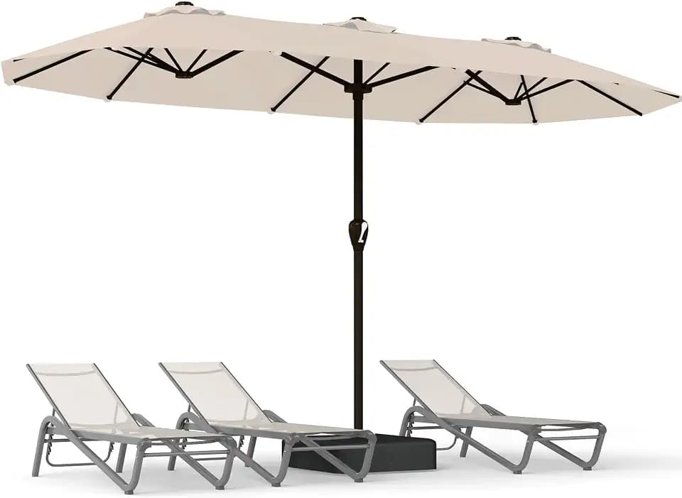 15FT Large Patio Umbrella with Base, Double Sided Rectangular Outdoor Umbrella with Sturdy Fiberglass Ribs, UPF 50+ Sun Protection, Wind-Resistant, Waterproof Fade-Resistant Fabric for Pool, Garden, Backyard, Deck(Beige)