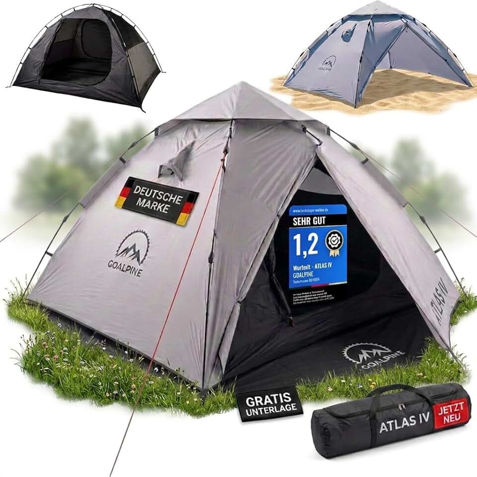 GOALPINE® Atlas IV Wurfzelt Pop-up Zelt für 2-4 große Personen, 100% Wasserdicht, in 40 Sekunden aufgetellt, 3 in 1 für Camping, Festival & Strand, Innen Leicht Verdunkelt
