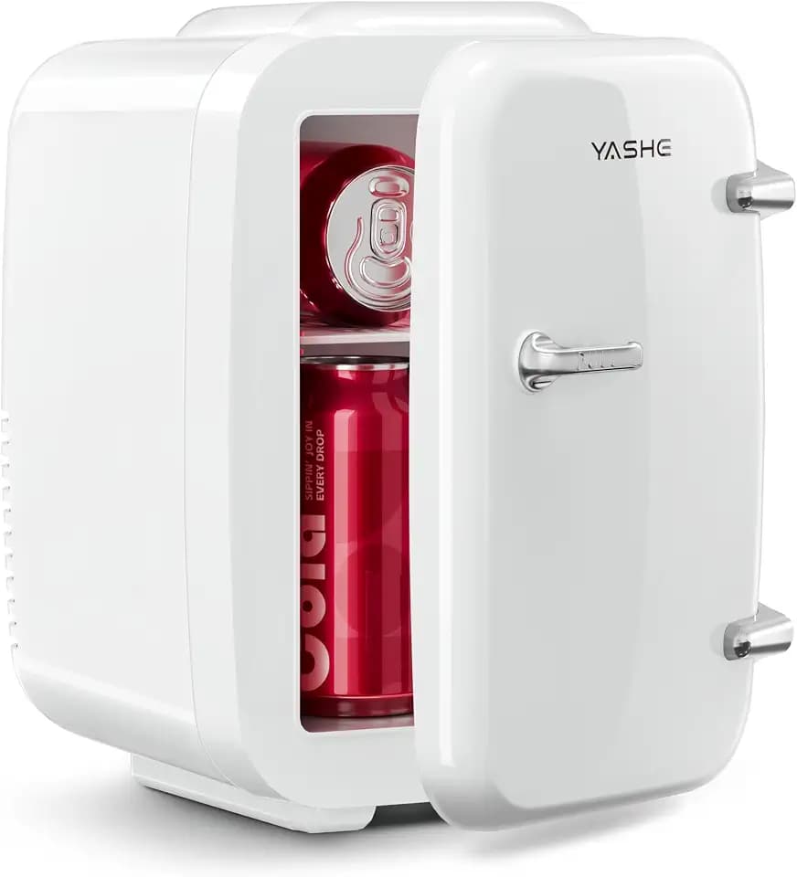 YASHE Mini Fridge, 4 Liter/6 Can Mini Makeup Fridge, 110V AC/ 12V DC Portable Thermoelectric Cooler&Warmer for Skincare, Drink, Cosmetic, Medicine, Small fridge for Bedroom, Office, Dorm, Car, White
