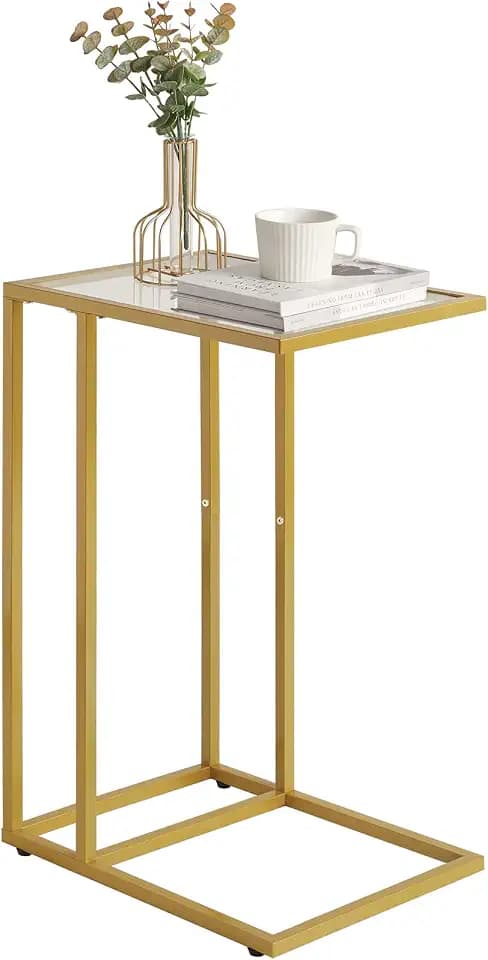 YMYNY Beistelltisch Sofatisch Laptoptisch Pflegetisch Glastisch mit Metallgestell, Hartglas, Goldfarben HGD001G