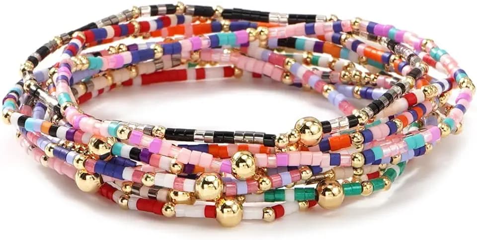 Colorful Stackable Rice Small Mini Seed Beaded Bracelets Set For Women, Handmade Dainty Boho Gold Glass Stretch Accessories Jewelry,Summer Beach Party Daily Friendship Gift