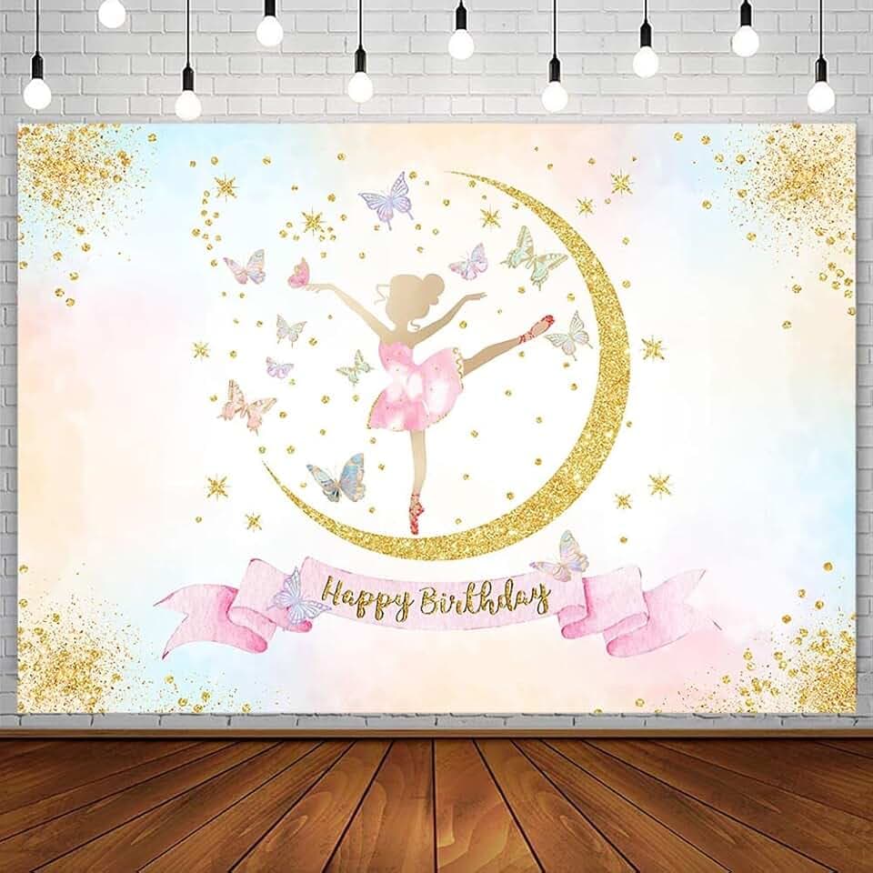 Sendy 7x5ft Ballet Girl Birthday Backdrop Princess Happy Birthday Party Decoration Supplies Pink Butterfly Gold Dots Rainbow Photography Background Banner Photo Booth Studio Props Vinyl