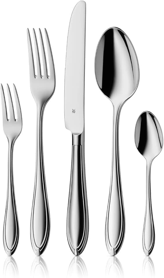 WMF Verona Besteck Set für 6 Personen, je 6 Gabeln, Tafelmesser Monobloc, Löffel, Kuchengabeln, Tee-/ Kaffeelöffel, 30 teilig, Cromargan Edelstahl poliert, glänzend, spülmaschinengeeignet
