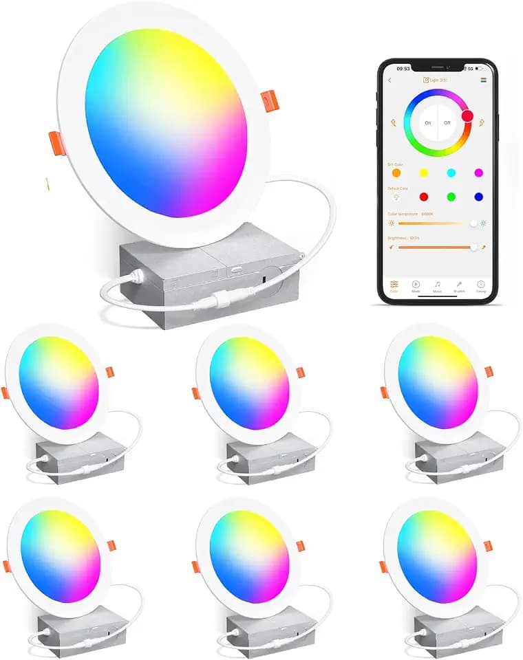 Smart Recessed Lighting 4 Inch RGBCW Color Changing 12W LED Recessed Ceiling Lights with Junction Box,1080LM Canless Downlight Compatible with Alexa,Dimmable by Bluetooth Control (6 Pack)