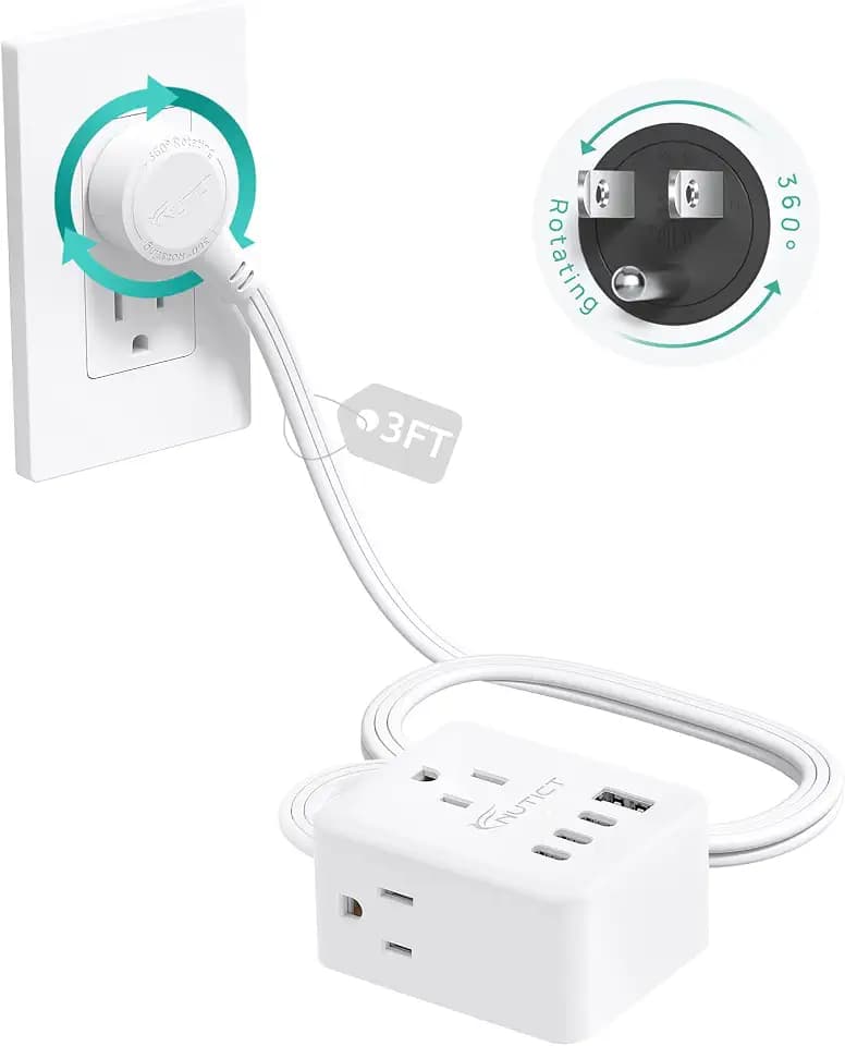 NUTICT 360° Rotating Flat Plug Power Strip with 3AC Outlets and 4 USB Ports