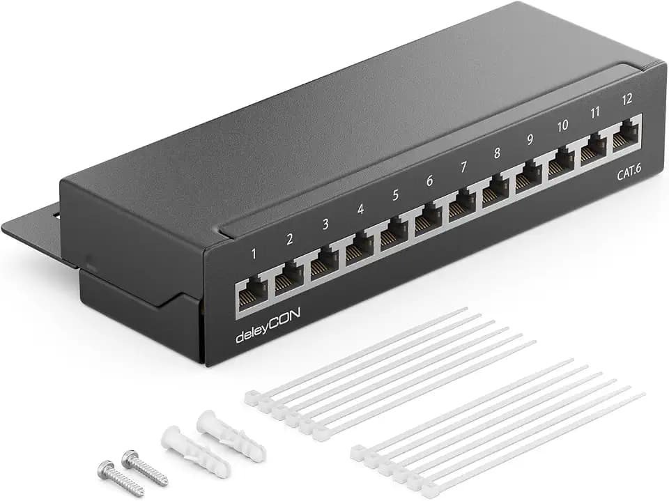 deleyCON CAT 6 Patchpanel Verteilerfeld 12 Port RJ45 - Schwarz