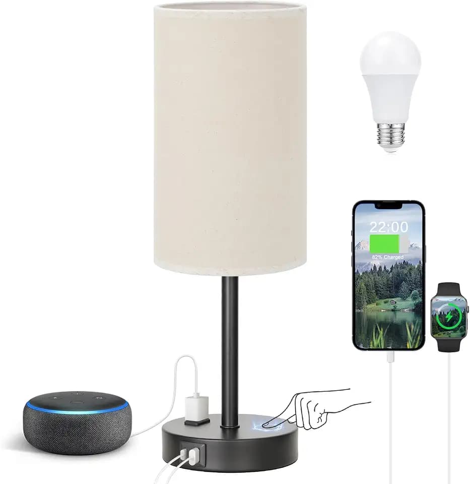 Fenmzee 17.4" Beige Lamp for Bedroom - Dimmable Touch, USB A+C, AC Outlet