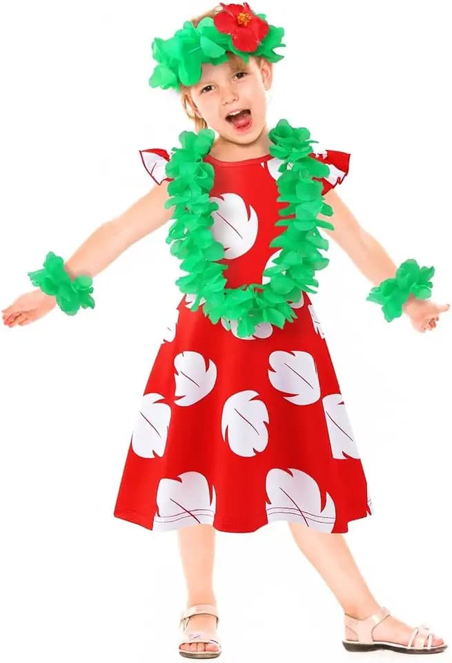 Hawaiian Little Girls Costume Dress - Luau Flower Leis & Hair Clip Accessories for Toddler Halloween Party Cosplay Outfit (5-6 Years,Red)