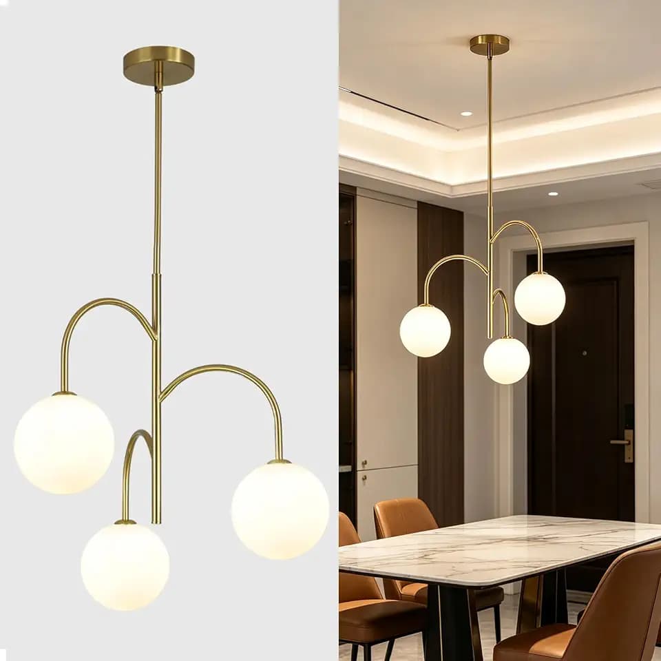 3-Light Milk Glass Globe Chandelier, Mid Century Modern, Brass Gold