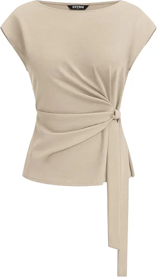 BTFBM Women Blouses Summer Cap Sleeve Crew Neck Work Shirts