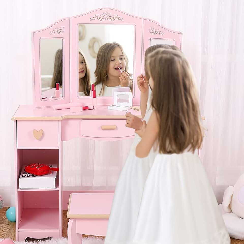 Garvee Kids Vanity with Tri-Fold Mirror, Stool, and Wood Makeup Playset