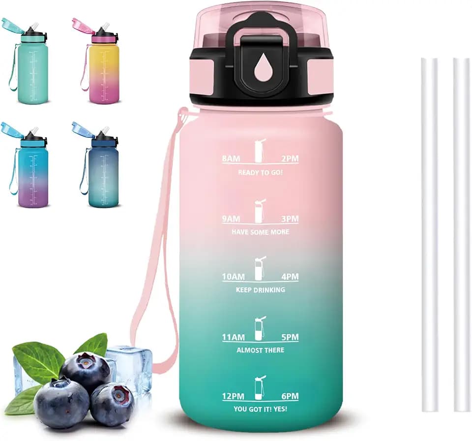 Trinkflasche, 500ml Trinkflasche Kinder, Wasserflasche mit Strohhalm, mit Trinkerinnerung, Leicht zu Reinigen, Wasserflasche Auslaufsicher, für Schule, Arbeit, Running, Yoga & Outdoor