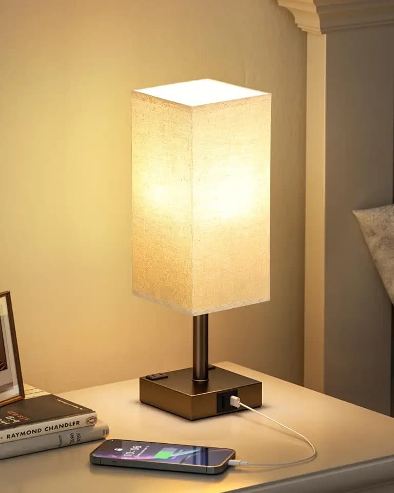 Brown Touch Table Lamp for Bedroom - Dimmable, USB C+A, 2 AC Outlets