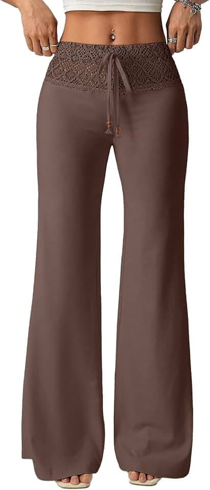 EVALESS Womens Wide Leg Pants Lace Elastic High Waisted Palazzo Pants Bell Bottoms Flowy Boho Holiday Trousers